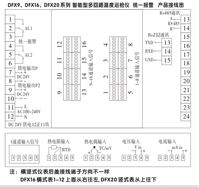 智能溫度巡檢儀，DFX16液晶溫度巡檢儀，多回路巡檢控制儀接線方式3